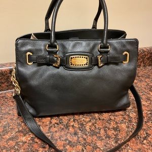 Michael Kors Large Hamilton Black Pebbled Leather, Gold Accents Tote/ Satchel